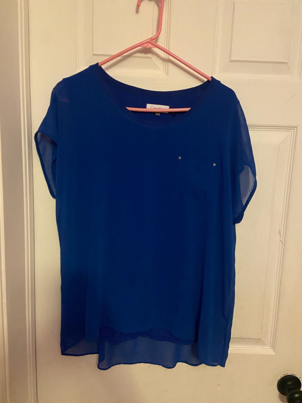 Calvin Klein Cobalt Blue Sheer Short Sleeve Blouse